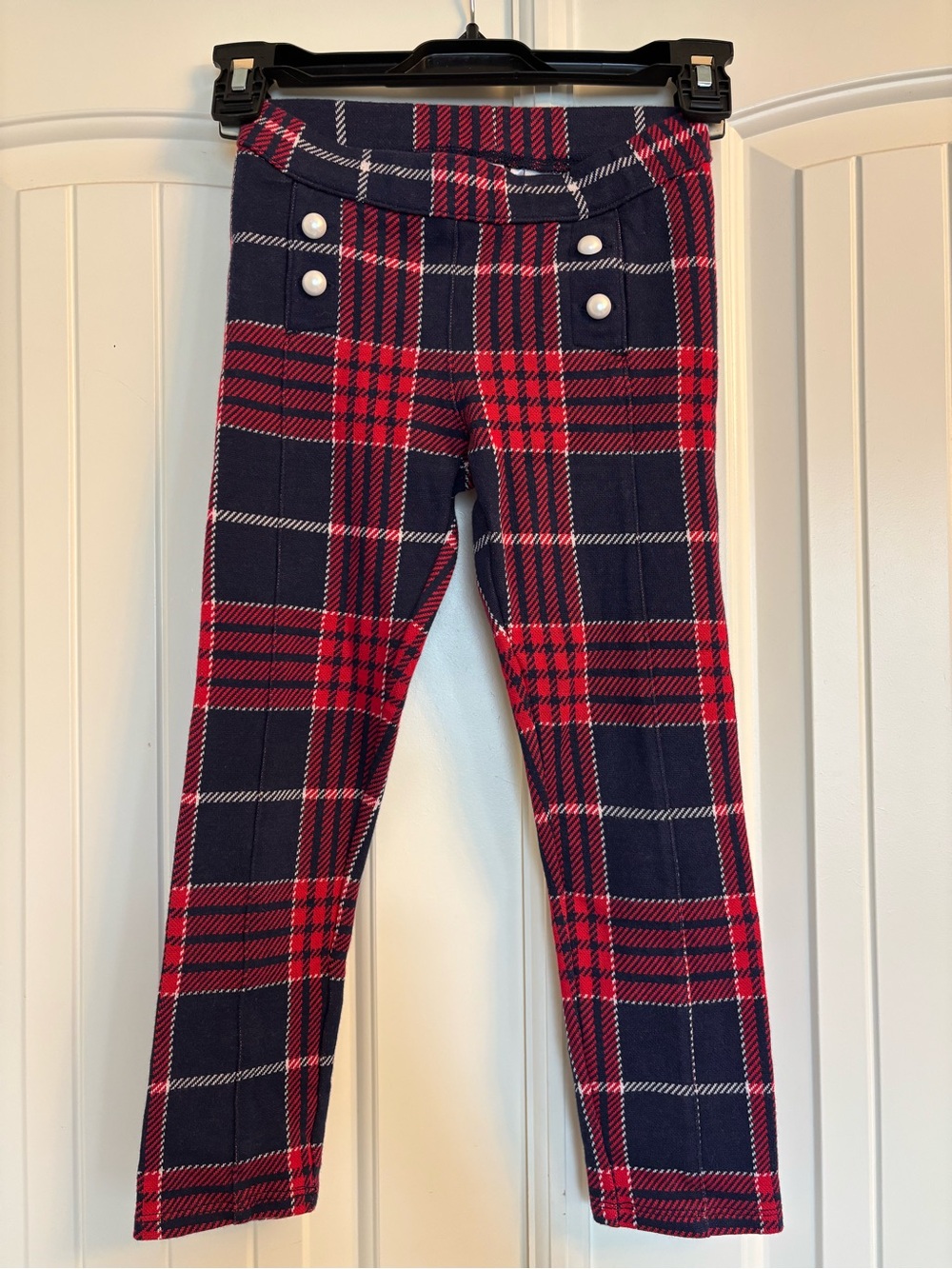 Janie and Jack Navy and Red Plaid Stretch Leggings with Pearl Buttons